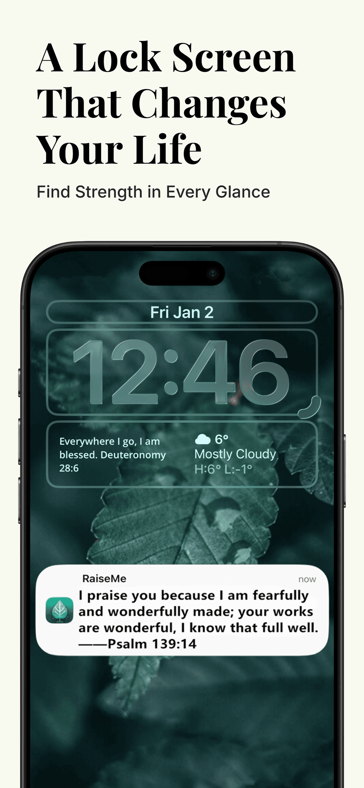 RaiseMe Bible verse lock screen with a scripture notification